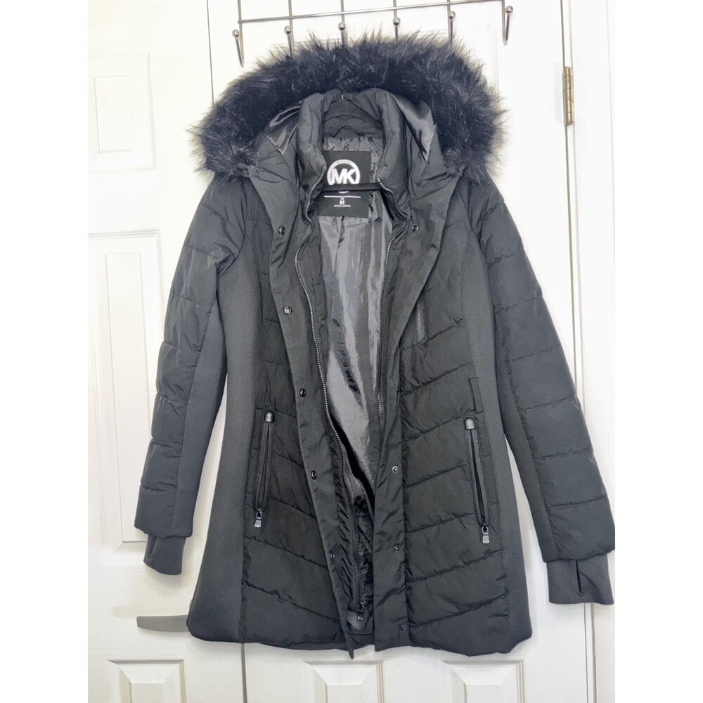 Michael Kors Black Maxi Long Fur Hood Winter Puffer Coat MK Jacket Size M